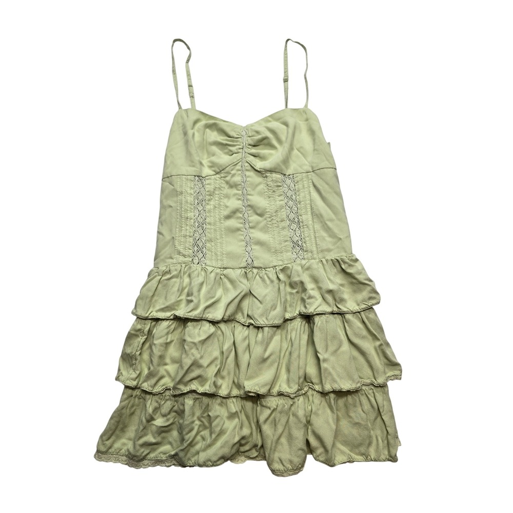 American Eagle Tiered Ruffle Lace Mini Dress Sage Green Womens Medium Boho Y2K